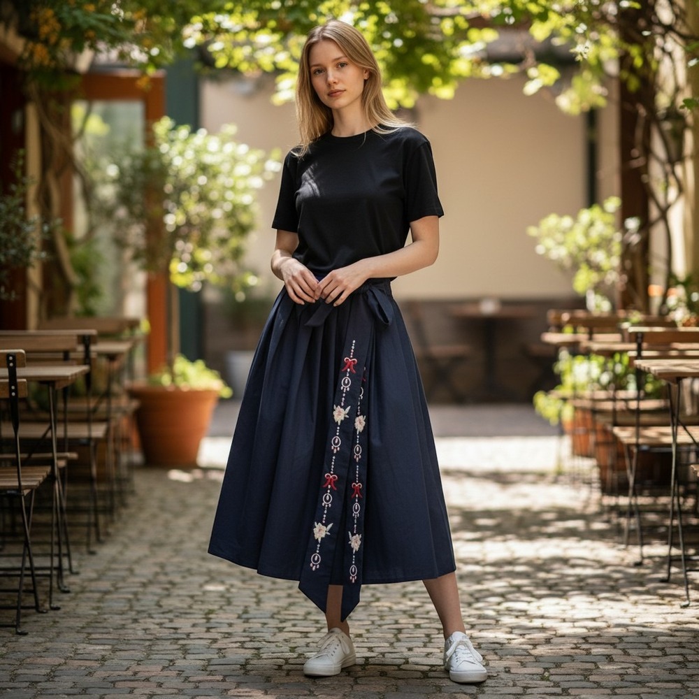 Vintage Navy Hanbok Long Skirt Floral Embroidered Wrap Pleated Midi Skirt Small
